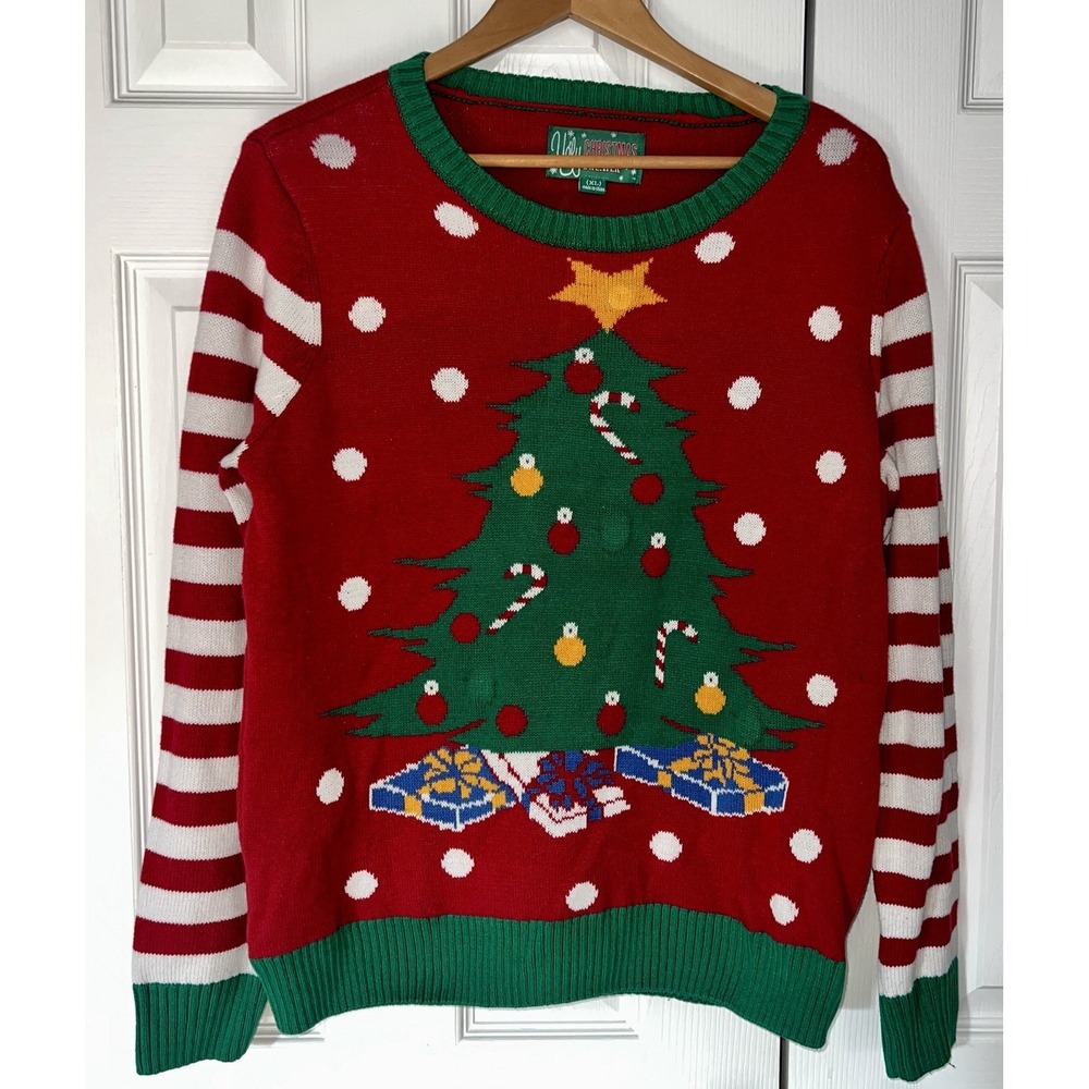 Ugly Christmas Sweater Tree Presents Candy Canes‎ Striped Sleeves Red Green XL